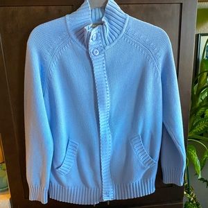 Light blue hidden zipper sweater.  100% cotton
